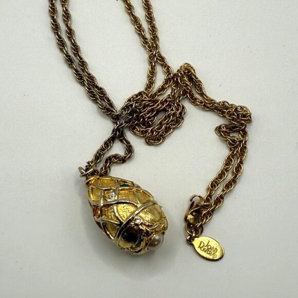 Joan Rivers Gold-Tone Egg Pendant Necklace W/ Faux Pearl & Rhinestones 29" Chain - Picture 10 of 12